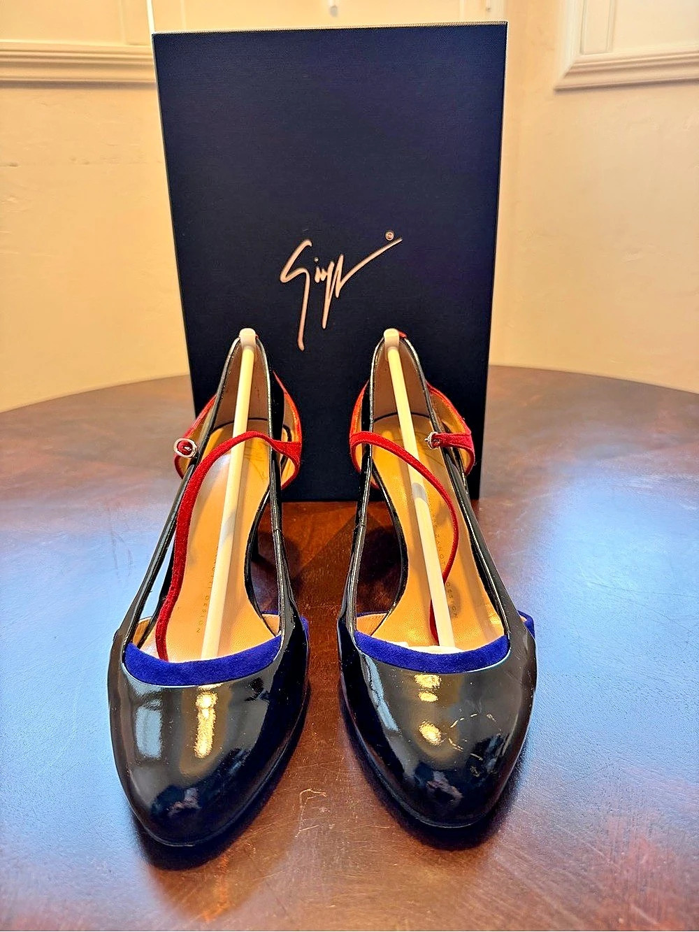 Giuseppe Zanotti VVT 70 SCARPA VENICE Patent Slingback Heels Black Red US 7.5